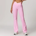 Pantalón de yoga campana rosa con cintura alta cruzada en V y ribete blanco decorativo - S / Rosa Sakura