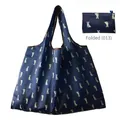 Navy blue foldable oxford shopping bag with white rabbit prints and storage pouch - Dark Blue Rabbit Print