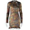 Dettaglio vestito vintage con ritaglio sul collo e stampa astratta marrone e arancione - S / Marrone Scuro