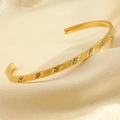 18k gold plated stainless steel C-shaped cuff bracelet with sparkling zircon accents - Geometric Square Embossed Gold Style (szkk036g)