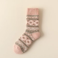 Thick wool socks in pink Nordic geometric pattern with warm ribbed knit texture - One Size / Pink