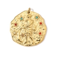 Detailed close-up of 18K gold-plated zodiac coin pendant with colorful zircon stones - Aquarius