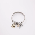 Silver stainless steel wire bracelet with enamel elephant, feather and number 5 charms - Black