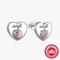 S925 sterling silver heart earrings with Wife engraving and pink gemstone inlay - Wife-Pink Heart Stone