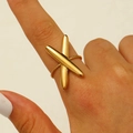 Golden stainless steel ring featuring a large polished X design and twisted band texture - 18K Gold Plated Crisscross X Style (4906)