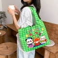 Green checkered canvas tote bag with lovely cartoon animals and large capacity - Green Gingham Lovely Pets