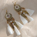 Macro detail of Bohemian tassel earrings with bronze leaves and white fringe texture - Bronze and White Tassel Style(E6314)
