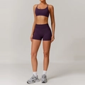 Seamless purple yoga set featuring a U-neck sports bra and high-waisted fitness shorts - S / Bra + Shorts / Plum Purple
