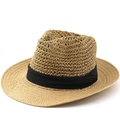 Classic braided straw fedora sun hat for women with black ribbon band and curled brim - M(56-58cm) / Khaki
