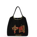 Bolso tote de lona negra con bordado tradicional rojo y dorado y asas de mano - Tótem de China Negro