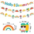 Detailansicht der Hello Summer Partygirlande mit Maßen für Zwerge und Regenbogen - 3-teiliges Banner-Set