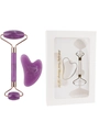 Purple marble facial roller and heart gua sha set in elegant white gift box packaging - 2-Piece Resin Roller Misty Purple + Gift Box
