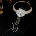 Detailed view of super shiny rhinestone camellia choker with sparkling long tassels - Chain Only / 36# Silver Camellia Tassel