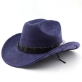 Détail du chapeau de cow-boy en daim violet avec bande en cuir à surpiqûres - M (56-58cm) / Bleu marine