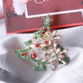 Christmas tree brooch with green and red rhinestones on a gold alloy base - Three-Color Stone Style on Satin (Christmas Tree 10)