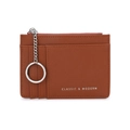 Brown cross-grain leather mini wallet with card slots and a silver chain keychain - Brown