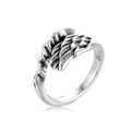 Detailed close-up of retro silver feather ring showing oxidized wing textures and punk style - Vintage Wing