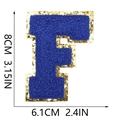 Detail view showing dimensions of blue chenille letter F patch with gold sequins - Letter F
