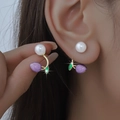 Elegant tulip pearl stud earrings with purple flower bud and gold leaves in Korean style - ER753-Tulip Purple