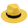 Detail of a bright yellow wool fedora hat with a black velvet ribbon and bow accent - One Size / Yellow