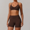 Ensemble de yoga marron chocolat deux pièces avec brassière col V et short taille haute - S / Soutien-gorge + Short / Café