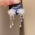 Detail of silver long drop floral earrings with sparkling tassels and faux pearls - Silver Flower Tassel (30# Silver Earring Post)