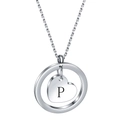 Detail of silver stainless steel necklace featuring a round pendant with heart and letter P - Letter P