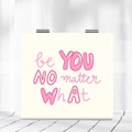 Detail of cream folding makeup mirror with pink be you no matter what text and hooks - Beige-Be You