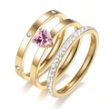 Three-piece stainless steel ring set with heart pink zircon and gold-plated finish - US 5 / Gold - Pink Zircon