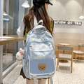 Cute light blue checkered school backpack with brown plush bear patch and rabbit charm - Single Bag / Blue