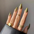 Olive green long almond press-on nails set with gold rings jewelry for women - Olive Green (JP2136)