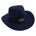 Detail of navy blue felt cowboy hat with bull head emblem and studded leather band - One Size / Navy Blue