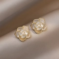 Elegant gold-rimmed camellia stud earrings with mother-of-pearl finish and small center pearl - Gold E1134 Camellia Pearl
