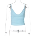 Detail view of light blue V-neck crop top with ruched texture and thin straps on mannequin - XS / Blue