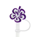 Purple and white hibiscus flower silicone straw cover cap with attachment ring for tumblers - 1796-11 Purple and White Hibiscus