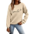 Felpa beige alla moda con girocollo e stampa Smile e motivo a cuore per le donne - Cachi