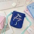 Detail of navy canvas crossbody bag with embroidered text and light blue rope strap - Navy Blue