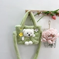 Cute light green plush handbag for girls with 3D teddy bear and floral details - Green