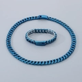 Blue plated stainless steel 12mm Cuban link chain necklace and bracelet set - Blue