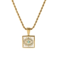 Macro-opname van vergulde gedraaide ketting met vierkante evil eye hanger van email - |tn3278