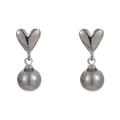 French style grey pearl heart drop earrings with polished silver metal finish on white - Grey Pearl Heart Studs