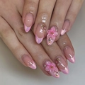 Pink 3D floral almond press-on nails with French gradient pearls and rhinestones - Pink 3D Flower French Style (JP3925)