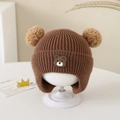 Brown toddler knit earflap hat with double pom-poms and cute bear patch for winter warmth - Bear Patch - Brown