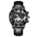 Montre à quartz pour hommes avec bracelet en cuir noir et affichage chronographe sport - Coque Noire Avec Face Argentée
