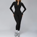 Black thermal yoga jumpsuit with half-zip collar and thumbhole sleeves for winter running - S / Premium Black
