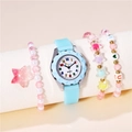Kids quartz watch with blue silicone strap and three colorful beaded bracelets set - Watch & Bracelet Set / Sky Blue + Bracelet