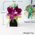 Purple artificial orchid boutonniere with magnetic clip and golden ribbon decoration - Purple Orchid Gold Ribbon (Style 9) - Magnetic Fixation