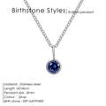 Silver stainless steel necklace with round September sapphire blue stone pendant - September Royal Blue - Silver