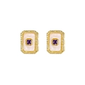 Detail of gold rectangular earrings with purple gemstone and white enamel finish - Square Purple Zirconia Earrings