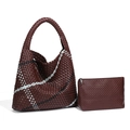 Handmade burgundy woven leather tote bag with black and white diagonal accents and pouch - Coffee Candy